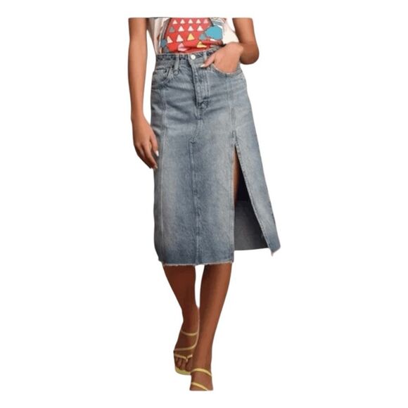 Free People We The Free Mambo Light Wash Denim Midi Skirt Distressed 30 - Picture 1 of 8